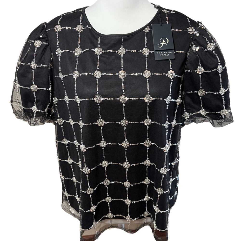 Adrianna Papell Beaded Mesh Top Black Sequin Puff Sleeve Sheer Blouse NWT Sz L